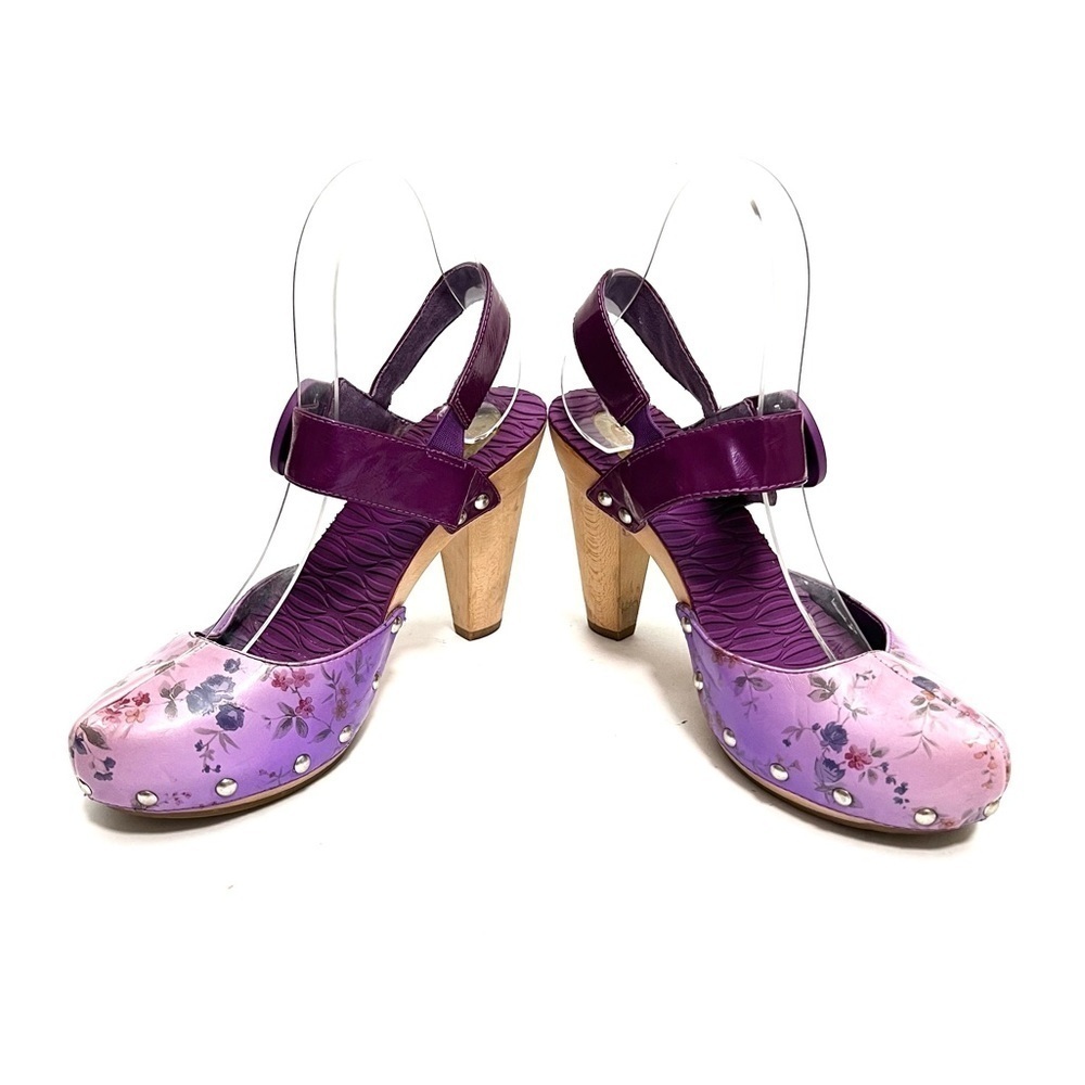 Vintage Y2K purple floral leather strappy heeled wooden clogs - Picture 5 of 8